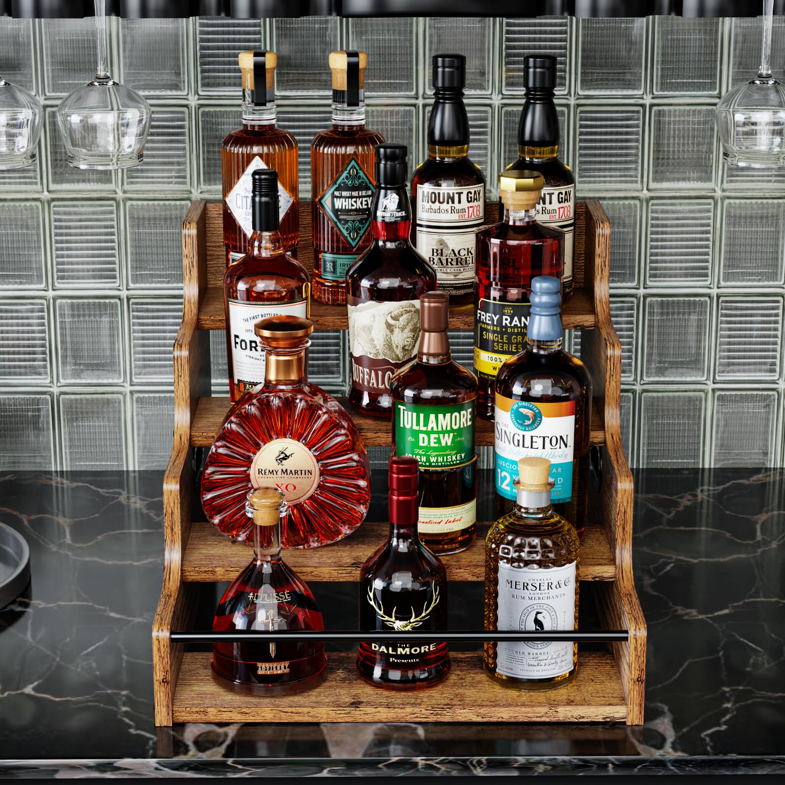 KLM Whiskey display wooden stand adding classic style to home bar.