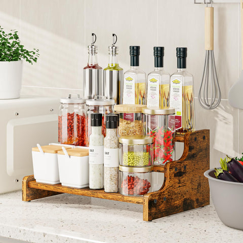 KLM wood spice rack front view with sturdy construction and warm finish