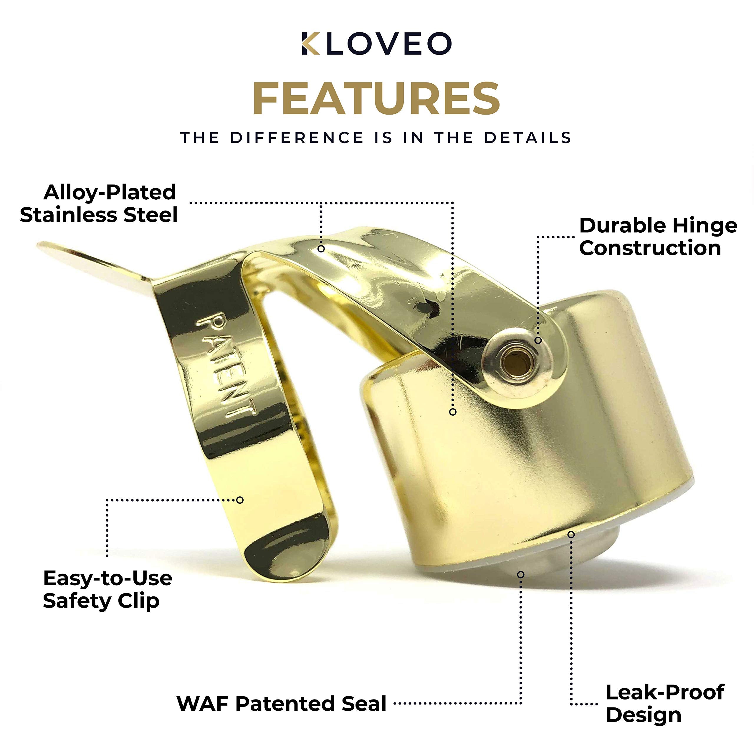 KLOVEO champagne stopper with clip release highlighting easy opening.