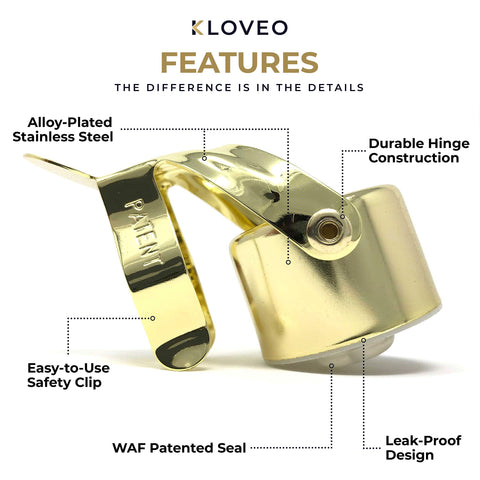 KLOVEO champagne stopper with clip release highlighting easy opening.