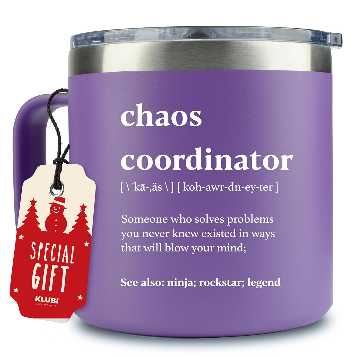KLUBI Chaos Coordinator tumbler purple 14oz with ergonomic handle for busy days