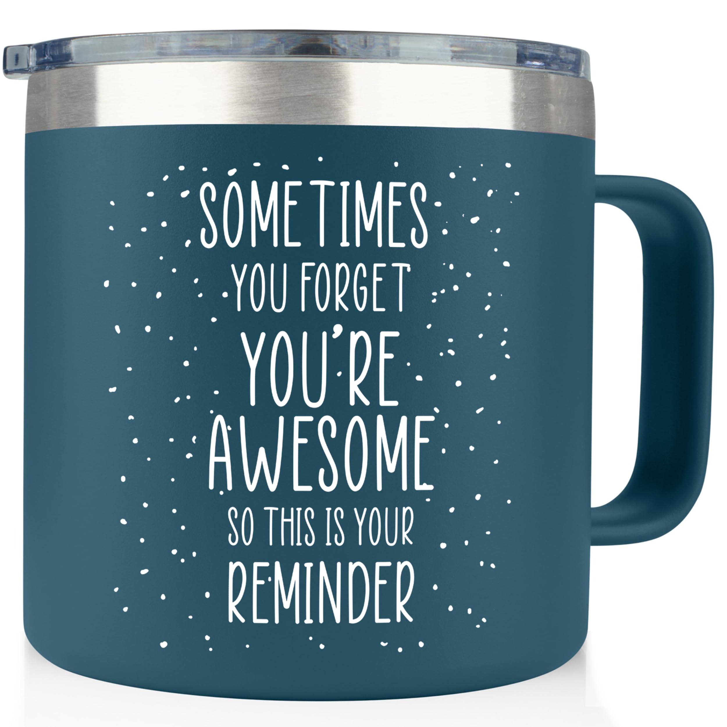 KLUBI navy 14oz mug front view for coworker gifts and daily coffee rituals.