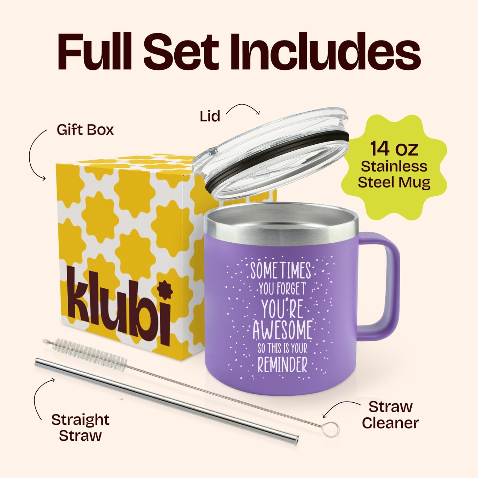 KLUBI stainless steel tumbler showing leak-free lid for mess-free sipping