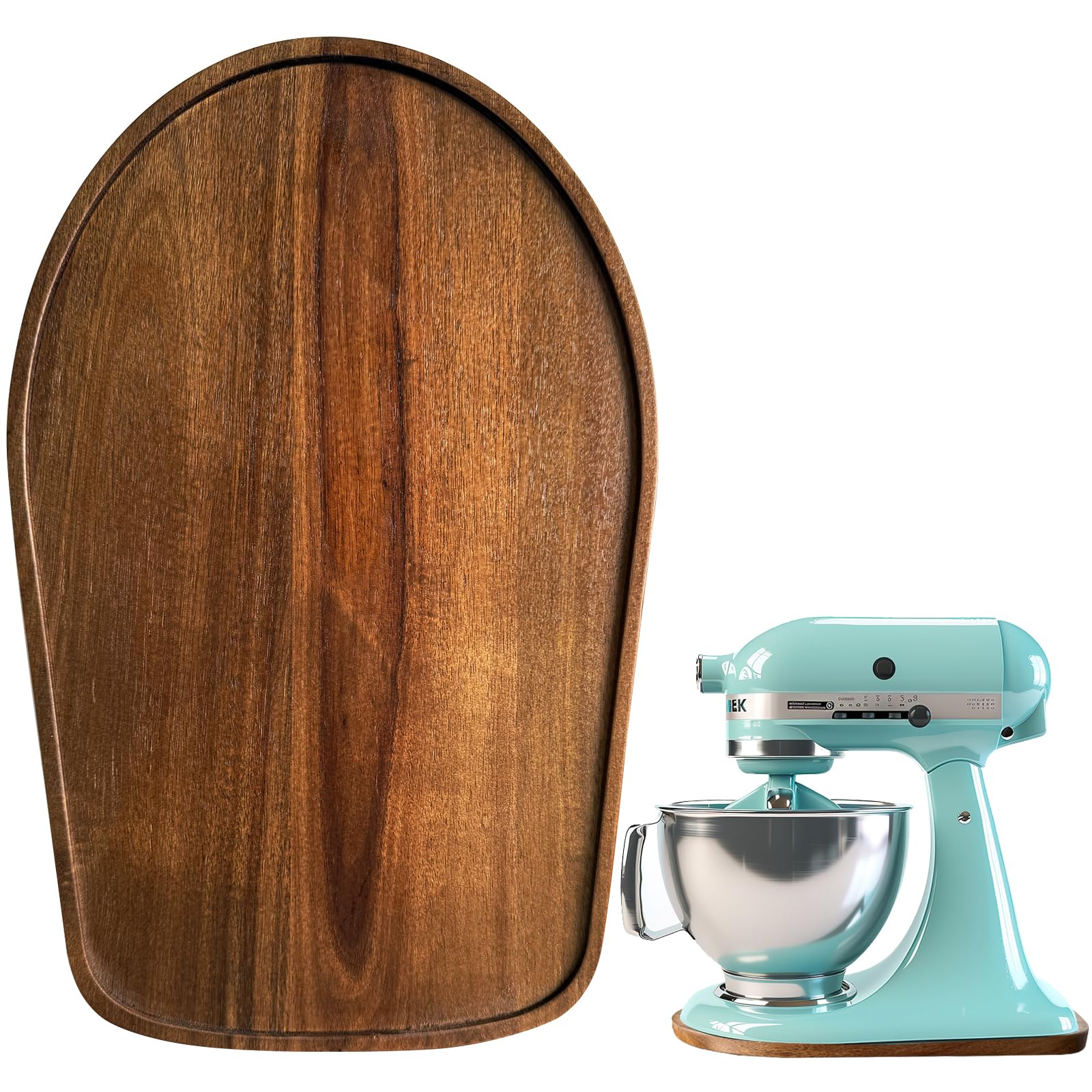 Klxuyuo acacia wood mixer slider mat front view showing smooth glide under KitchenAid
