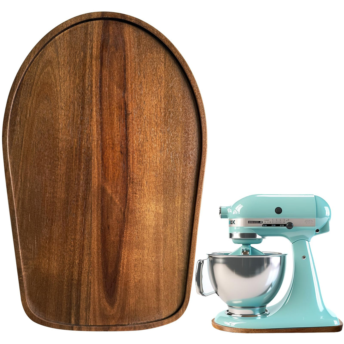 Klxuyuo acacia wood mixer slider mat front view showing smooth glide under KitchenAid