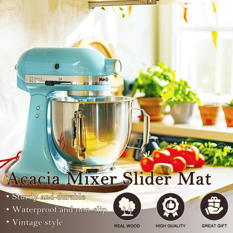 Klxuyuo acacia wood mixer slider mat with KitchenAid compatibility demonstrated