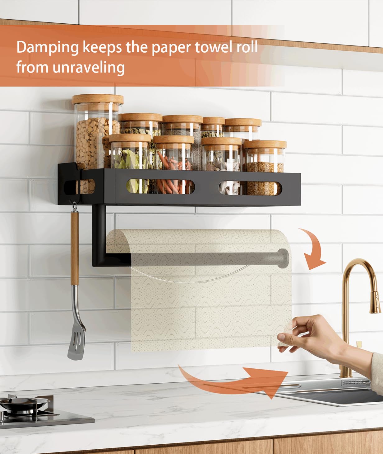 KLYLVENNE matte black paper towel holder with four removable hooks for utensils