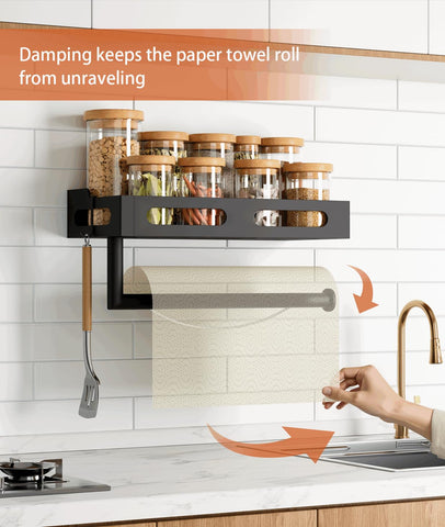 KLYLVENNE matte black paper towel holder with four removable hooks for utensils