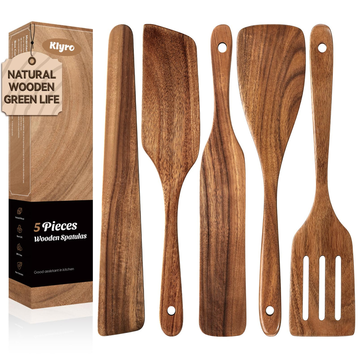 KLYRO teak spatula set in packaging, a stylish kitchen gift option