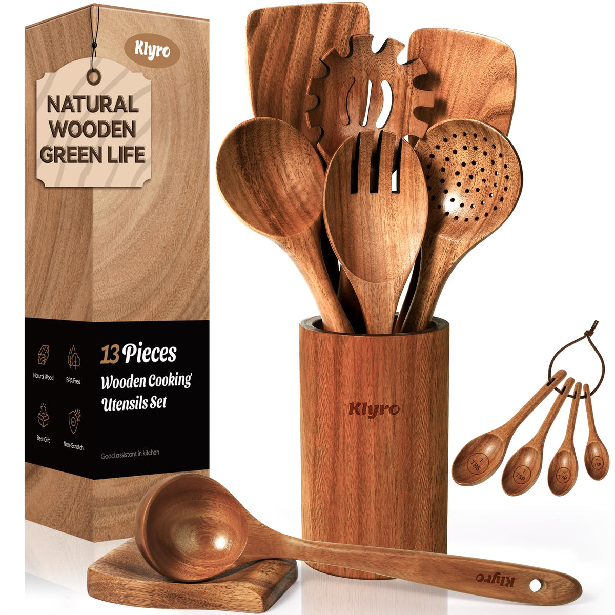 KLYRO teak utensil holder on a kitchen counter for organized storage