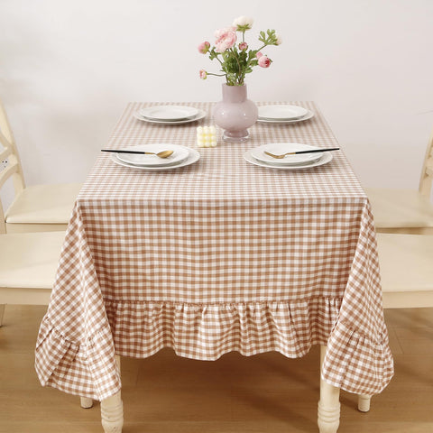 K MASANIJI Taupe White Gingham Tablecloth on a rectangular table for 8–10, ideal for everyday meals.