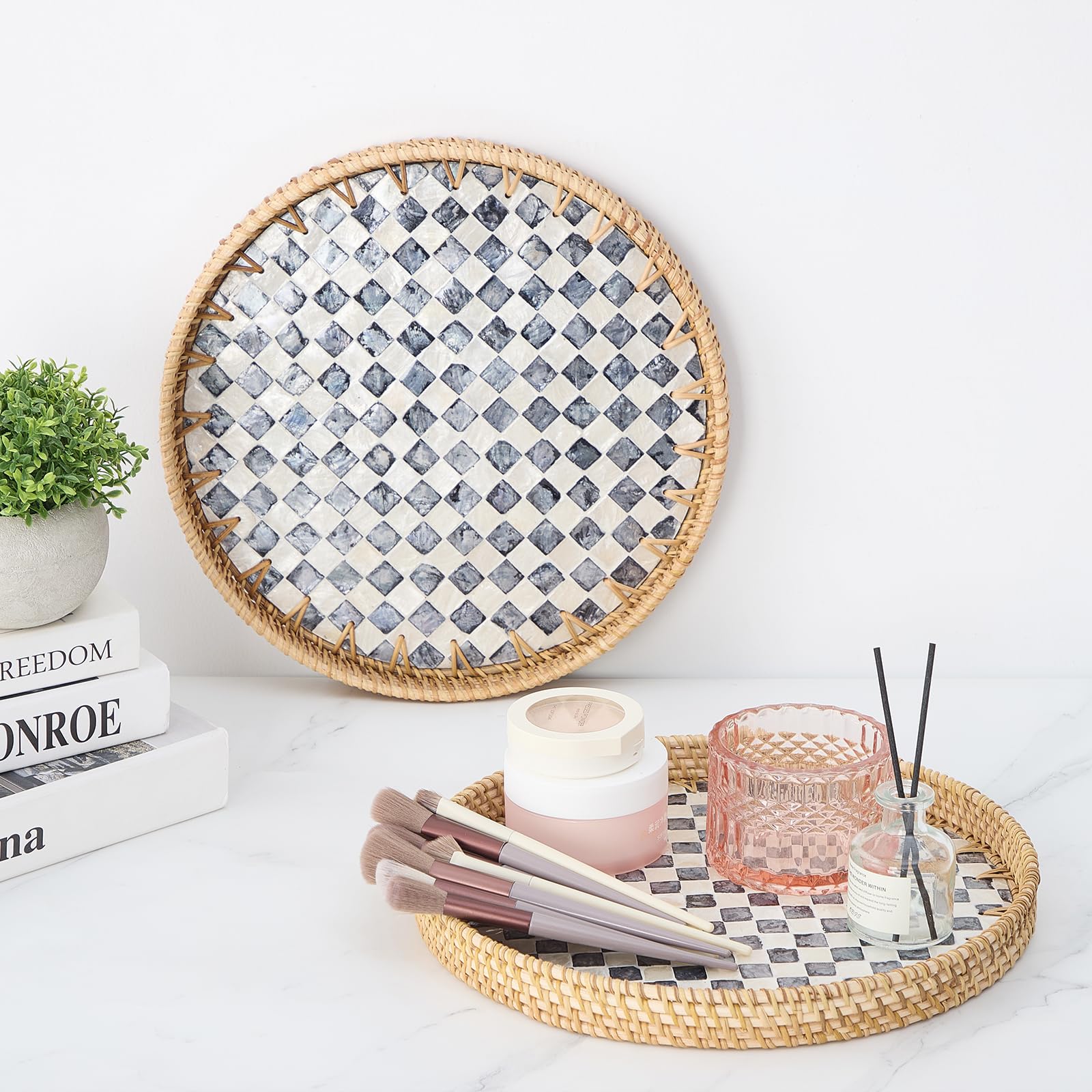 Kmelep bohemian-style tray with pearl inlay suitable as wall art.
