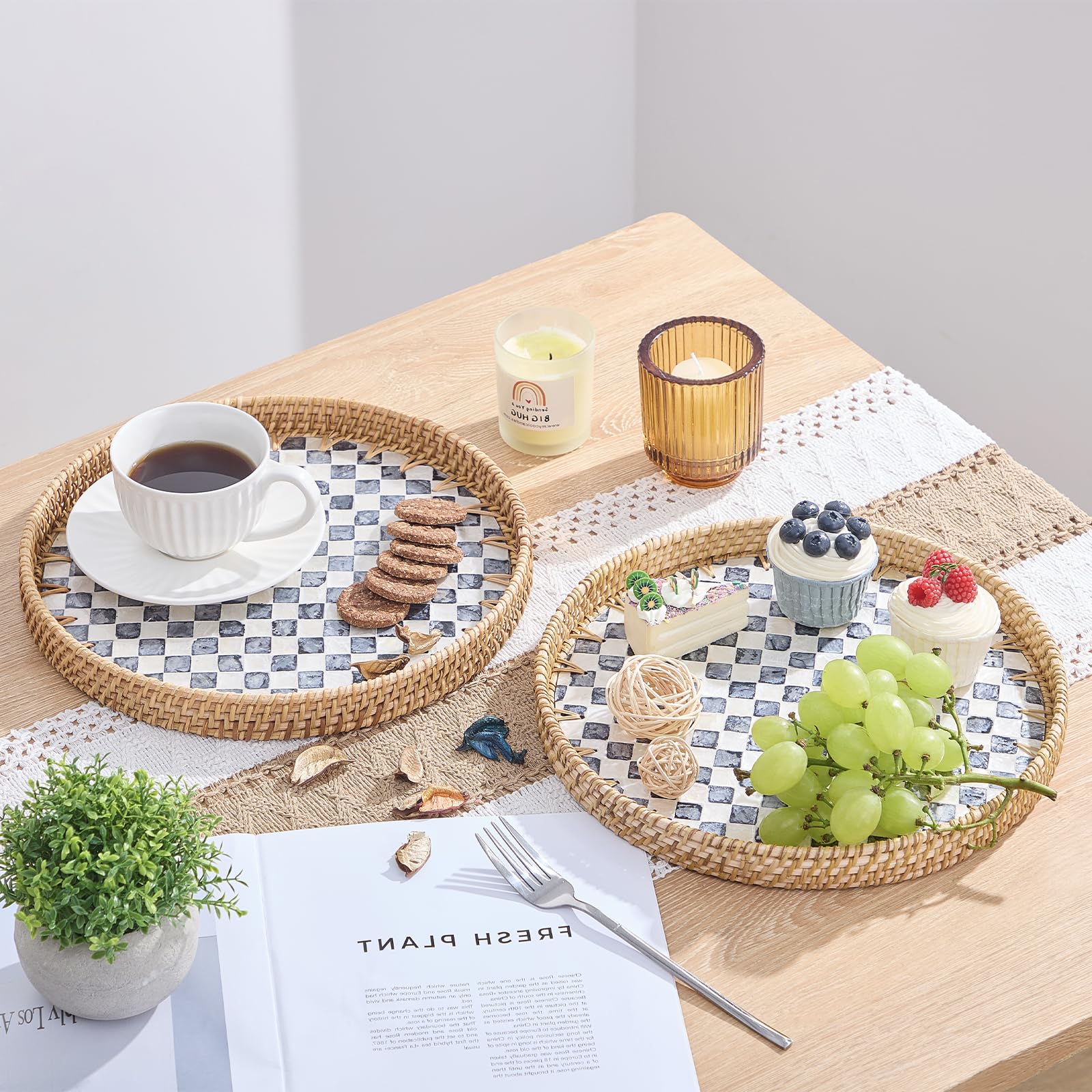 Kmelep rattan serving tray with wooden base ideal for versatile kitchen display.