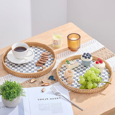 Kmelep rattan serving tray with wooden base ideal for versatile kitchen display.
