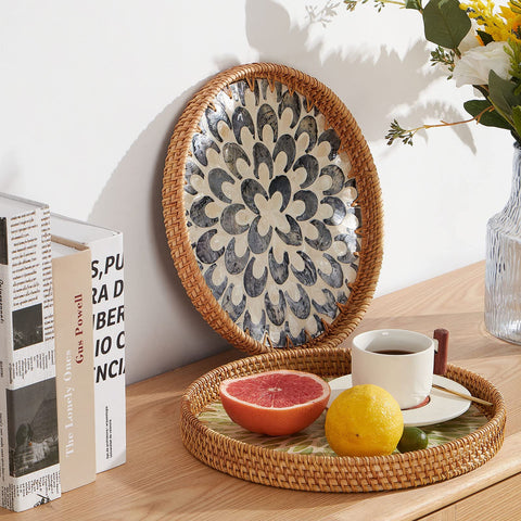 Kmelep Bohemian style rattan tray adds decorative charm.