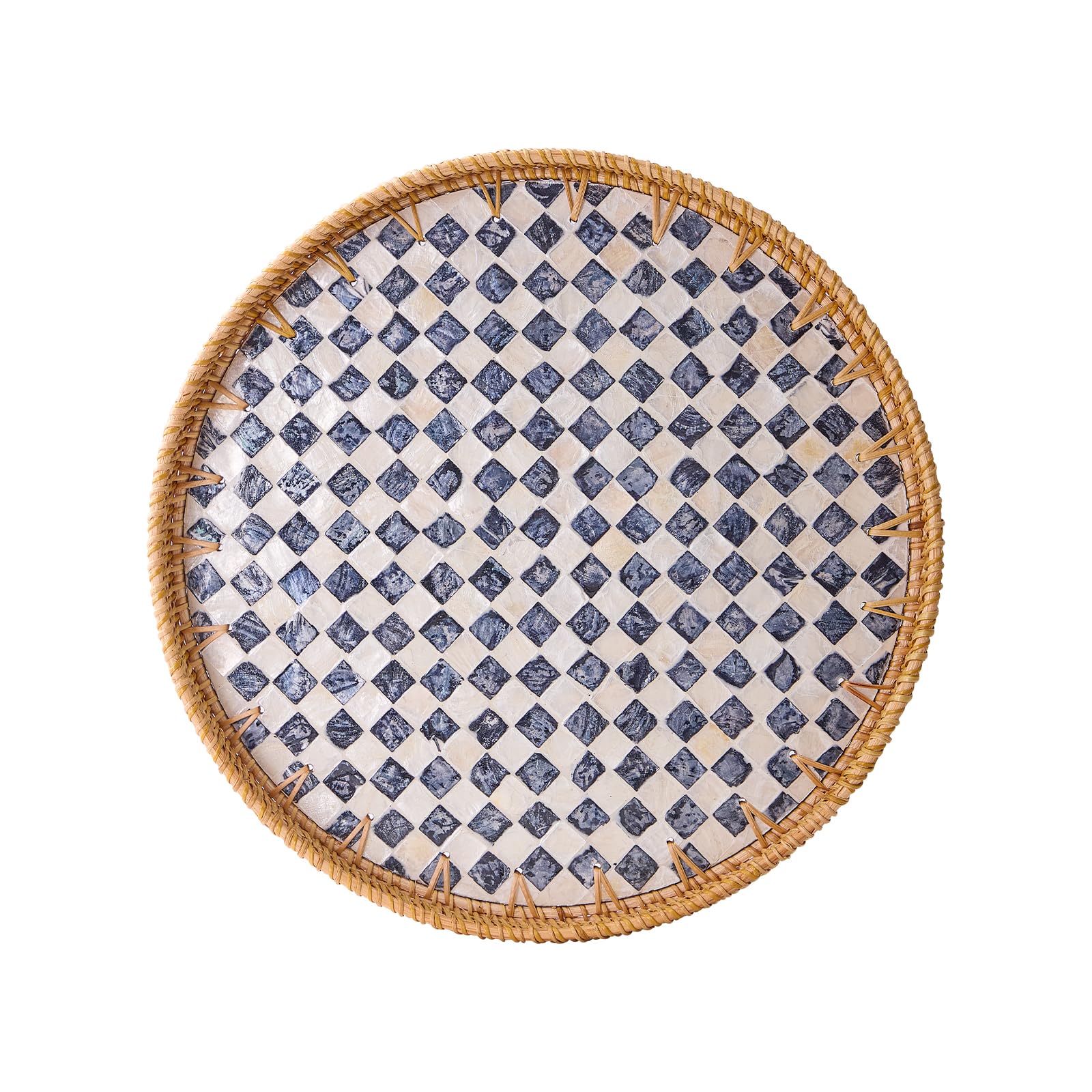 Kmelep round rattan tray with mother-of-pearl inlay for elegant table decor.