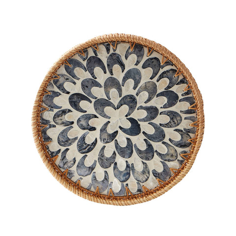 Kmelep round rattan tray with pearl inlay, elegant table centerpiece.