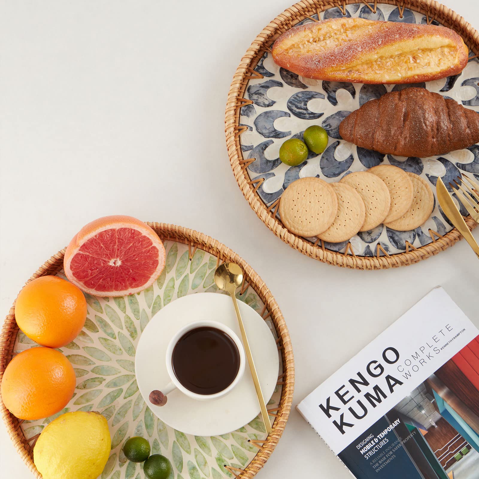 Kmelep round rattan tray with wooden base for versatile storage.