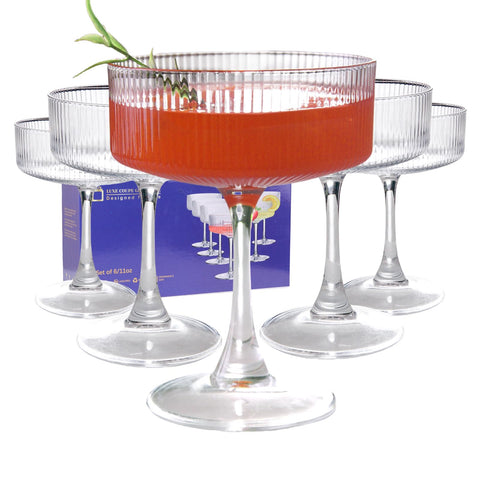 KMIGRUAN 11oz vintage coupe glasses with ribbed texture, ideal for stylish cocktails.