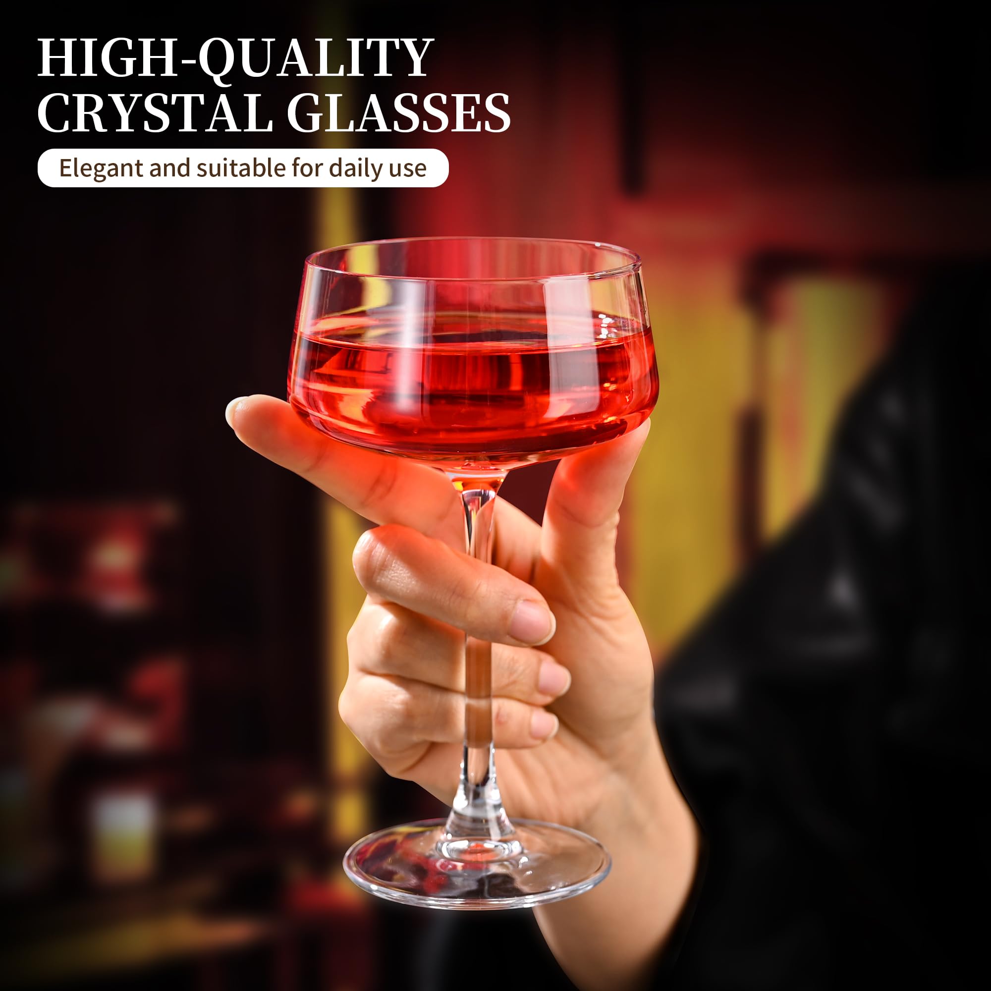 KMIGRUAN hand-blown crystal cocktail glasses showcase artisanal craftsmanship and lasting durability.