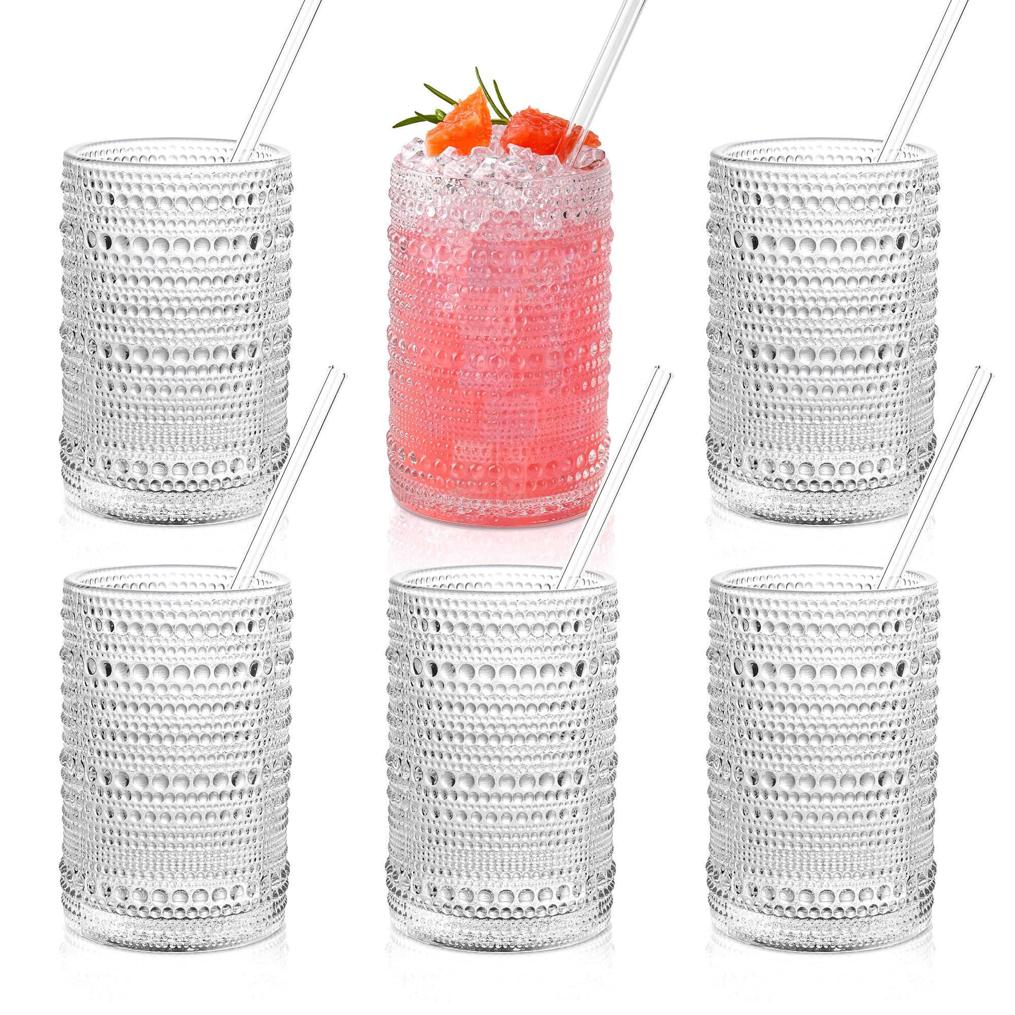 KMIGRUAN hobnail glasses with straws, 6pc set for cocktails and drinks