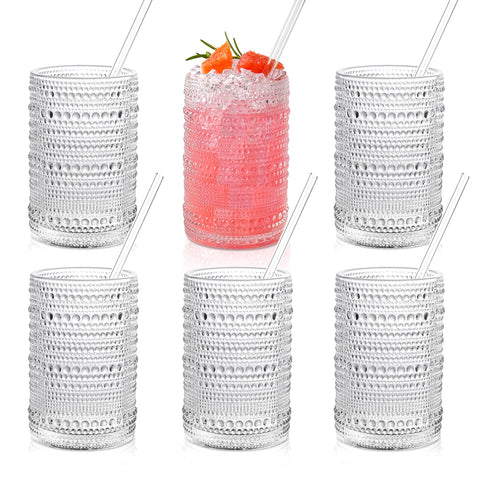 KMIGRUAN hobnail glasses with straws, 6pc set for cocktails and drinks