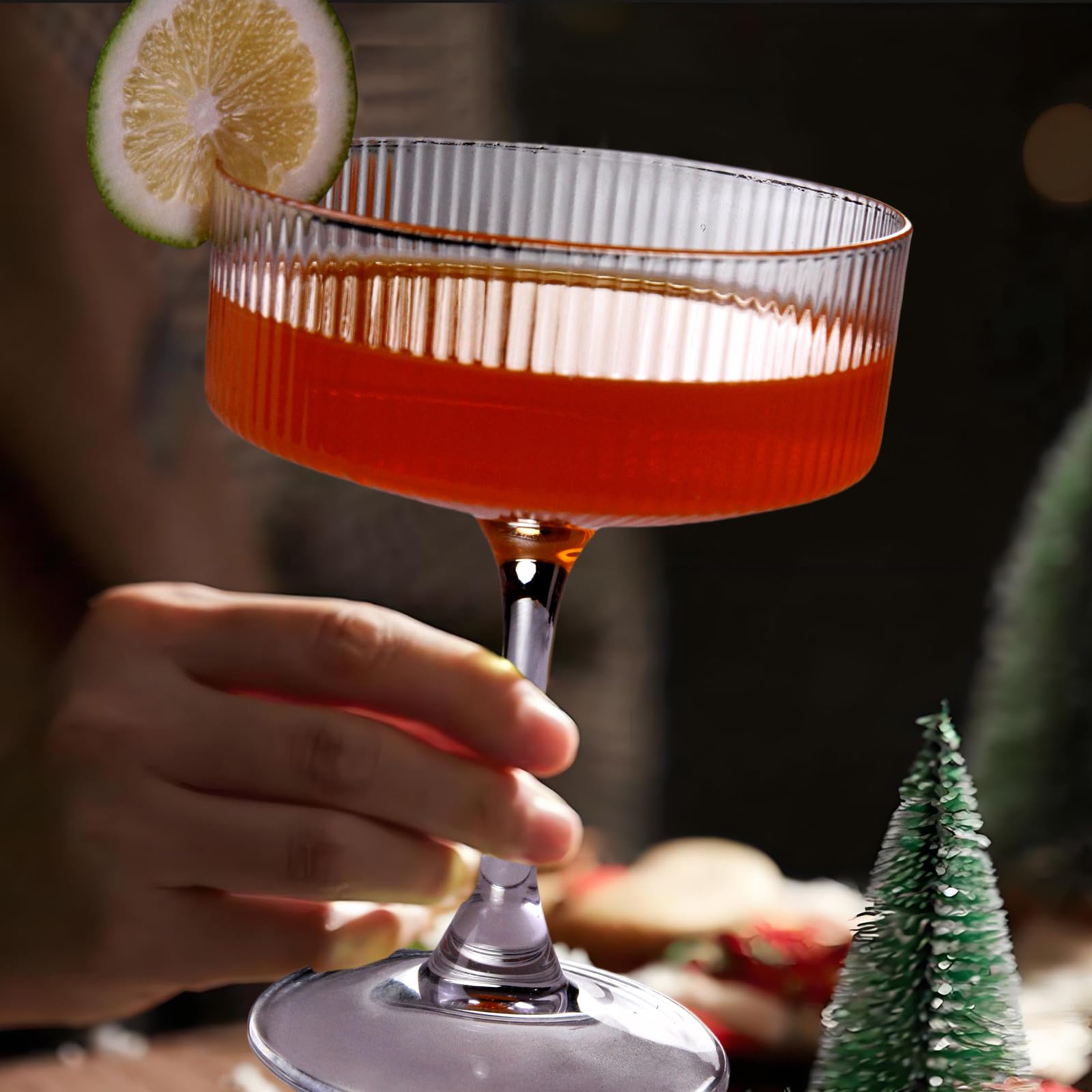 KMIGRUAN ribbed coupe glasses close-up texture shows premium design for entertaining.