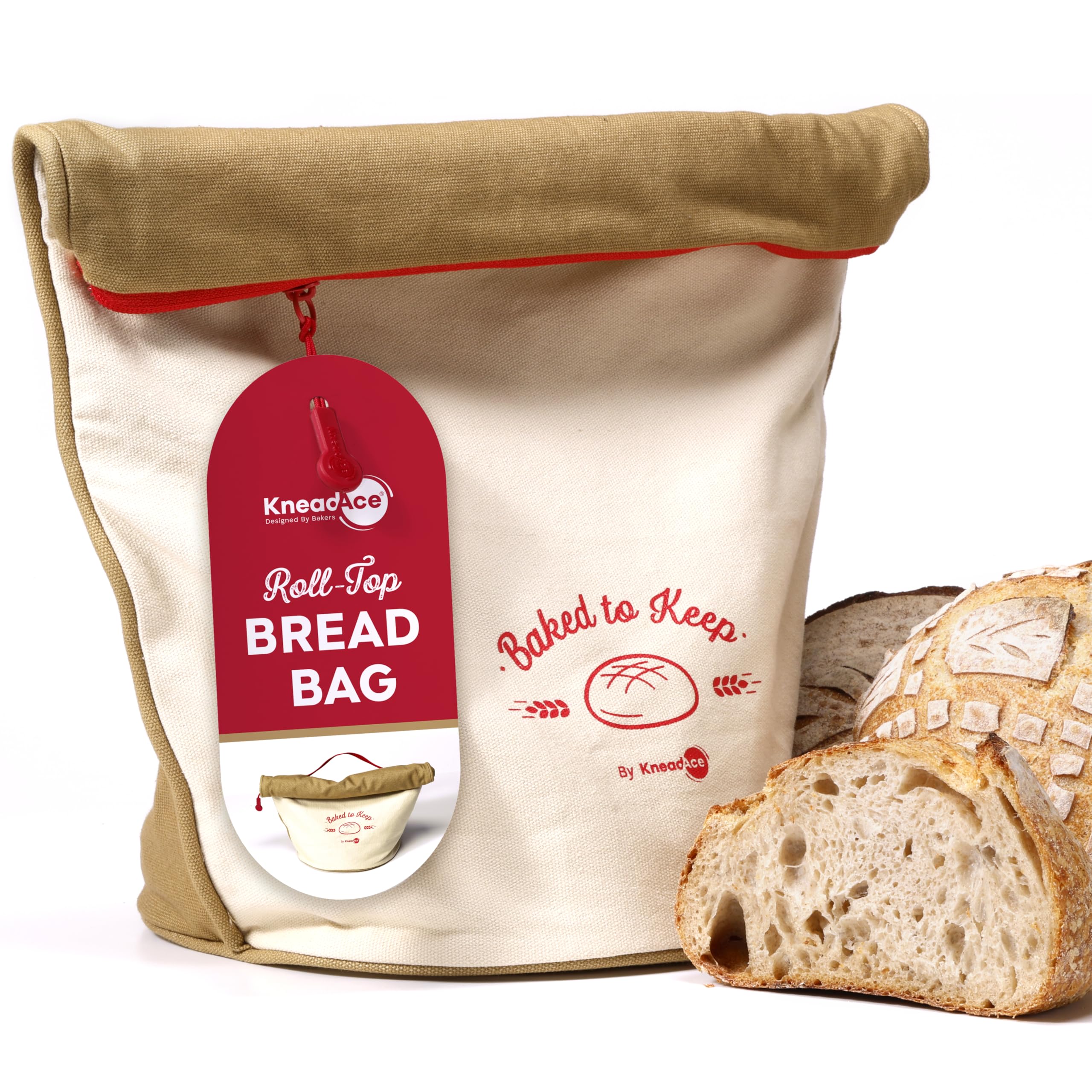 KNEADACE bread bag with roll-top adjustable design for perfect loaf storage