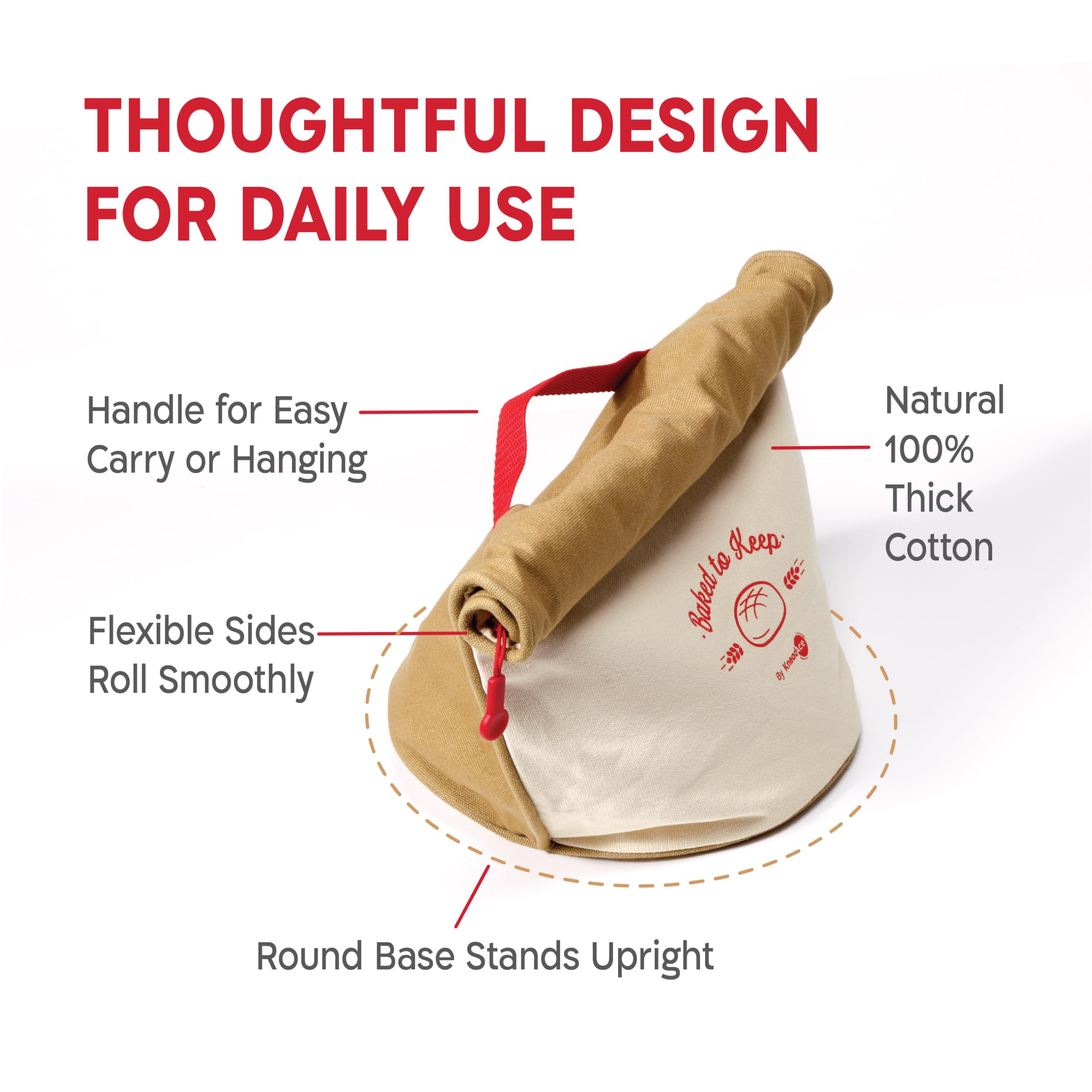 KNEADACE bread bag rounded base stands upright on counters