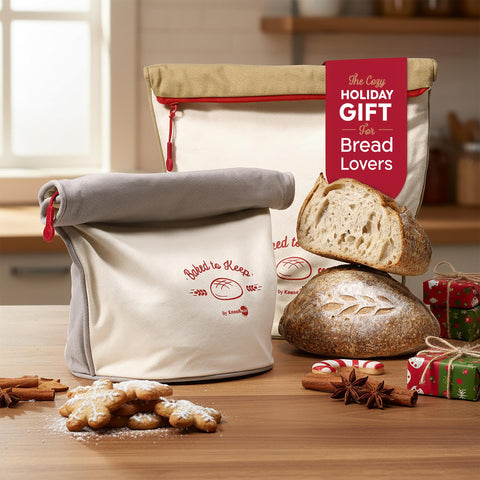 KNEADACE bread bag standing upright on counter with loaf inside
