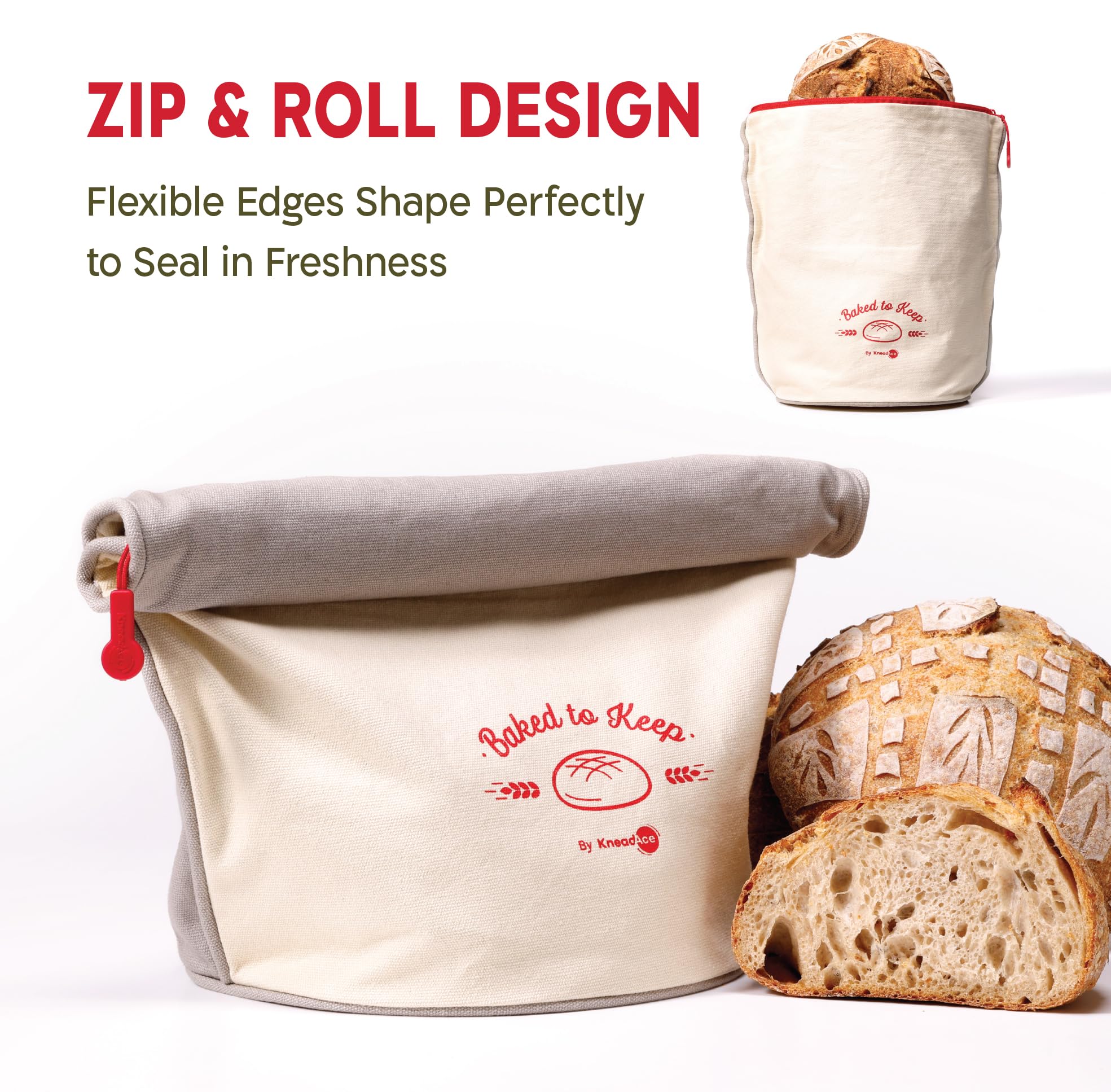 KNEADACE bag with TPU lining shields bread from moisture and freezer burn.