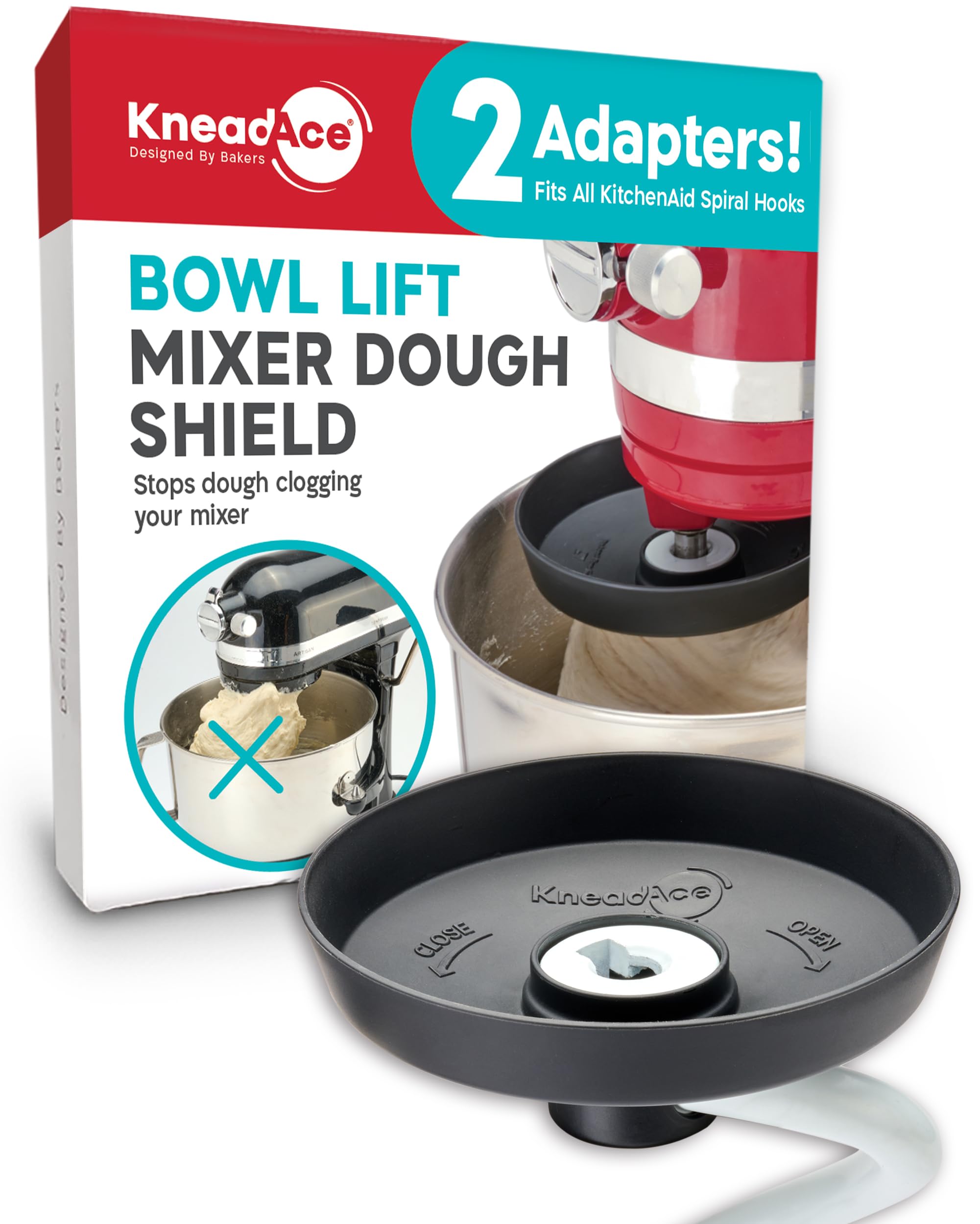 KNEADACE shield on spiral dough hook keeps dough in the bowl for cleaner mixing
