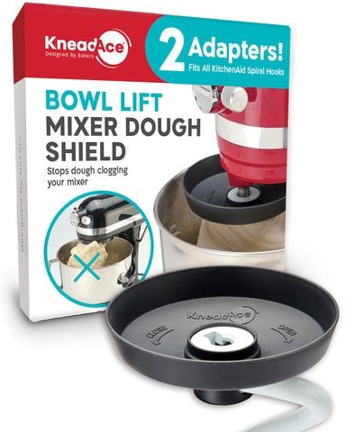 KNEADACE shield on spiral dough hook keeps dough in the bowl for cleaner mixing
