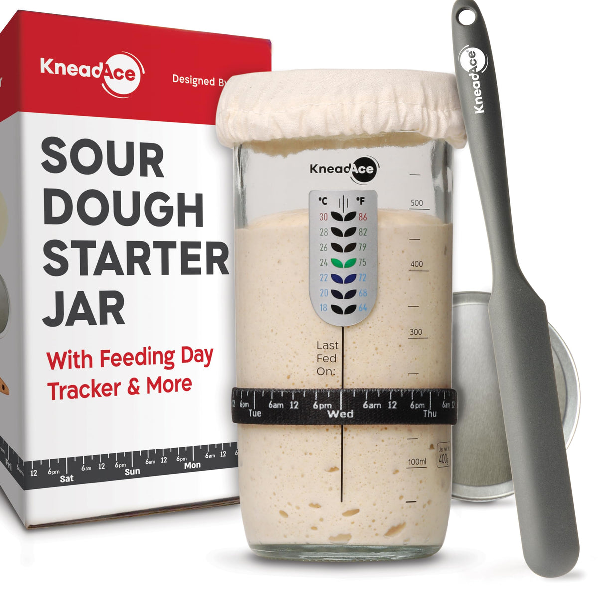 KneadAce wide-mouth sourdough jar for easy feeding and cleaning.