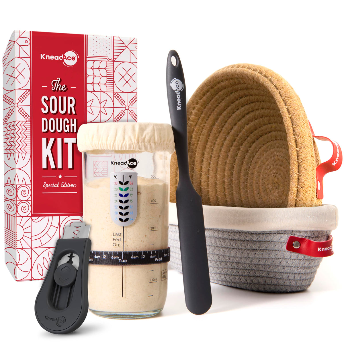 KneadAce starter jar with 24oz capacity and feeding day tracker for reliable sourdough care.