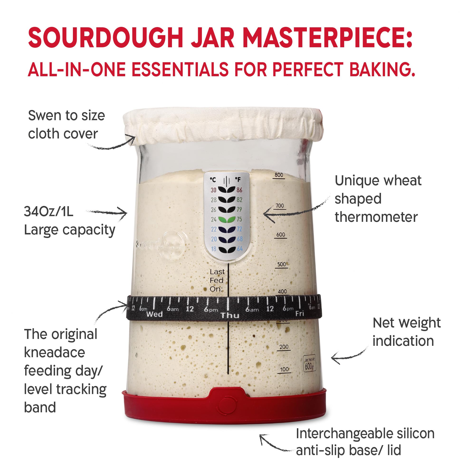 KneadAce Starter Jar Thermometer shows fermentation temperature cues.