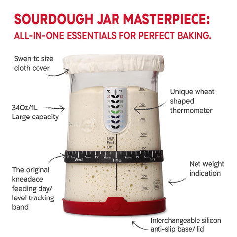 KneadAce Starter Jar Thermometer shows fermentation temperature cues.