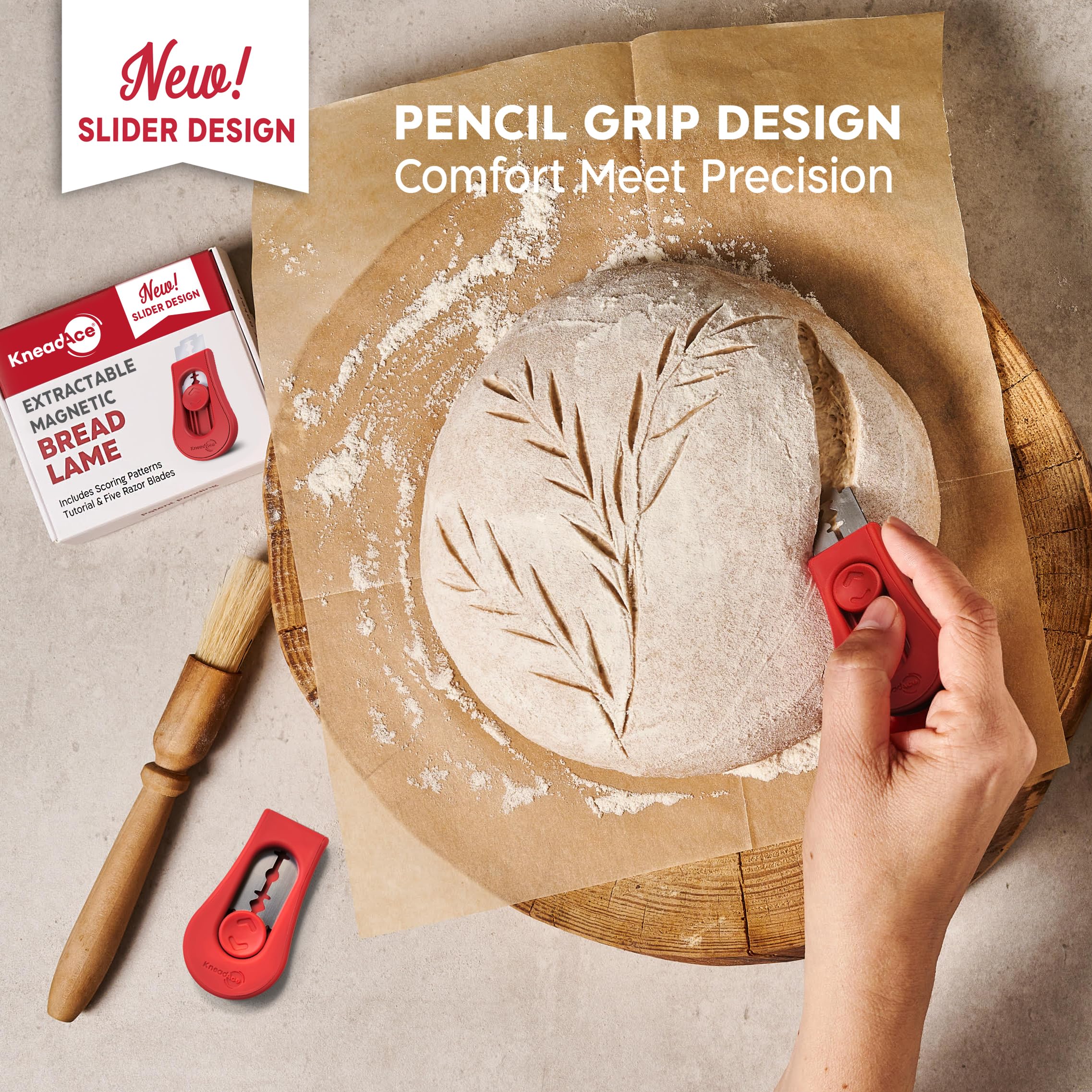 KNEADACE spatula helps stir and transfer starter with ease.