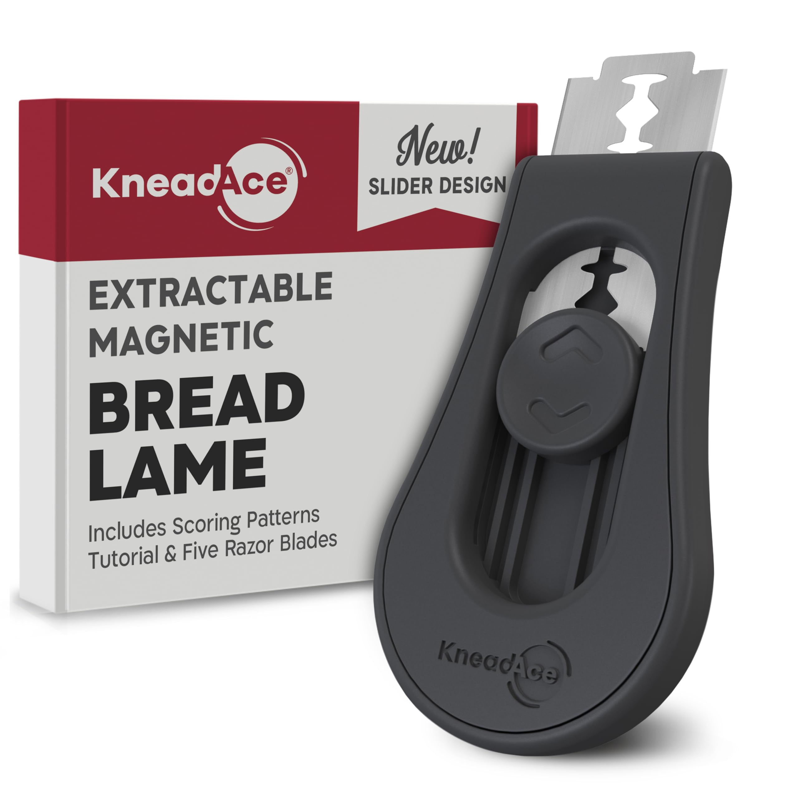 KNEADACE magnetic bread lame with extractable blade for precise scoring on sourdough.