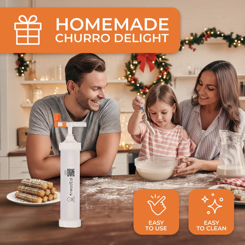 KneadEat churro press shows 9-inch barrel for standard churro size.