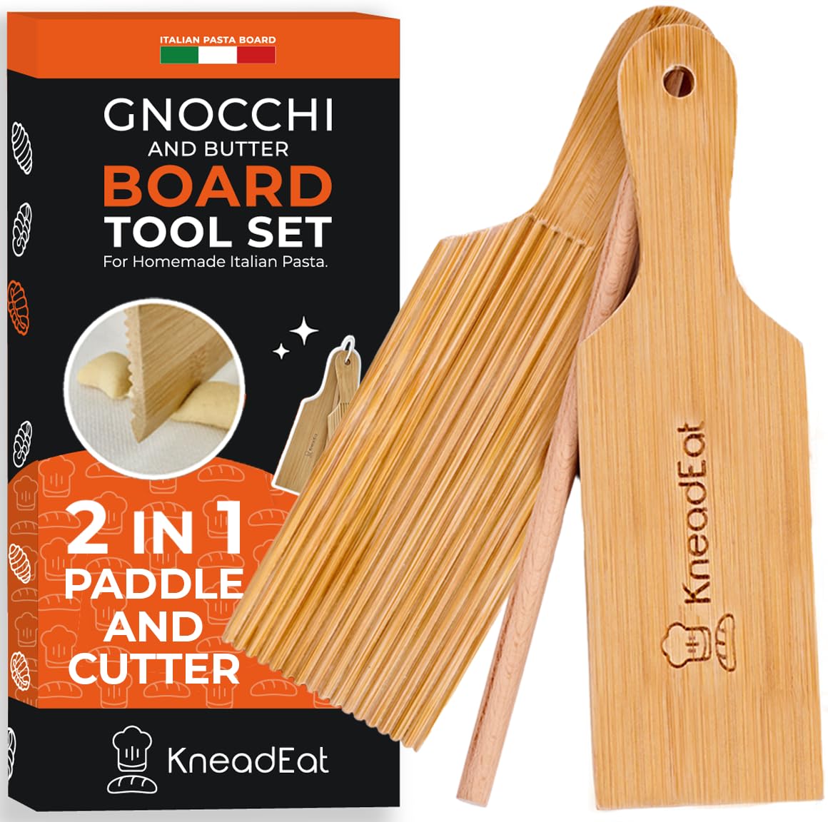 KneadEat gnocchi board set on the counter for easy homemade pasta prep.