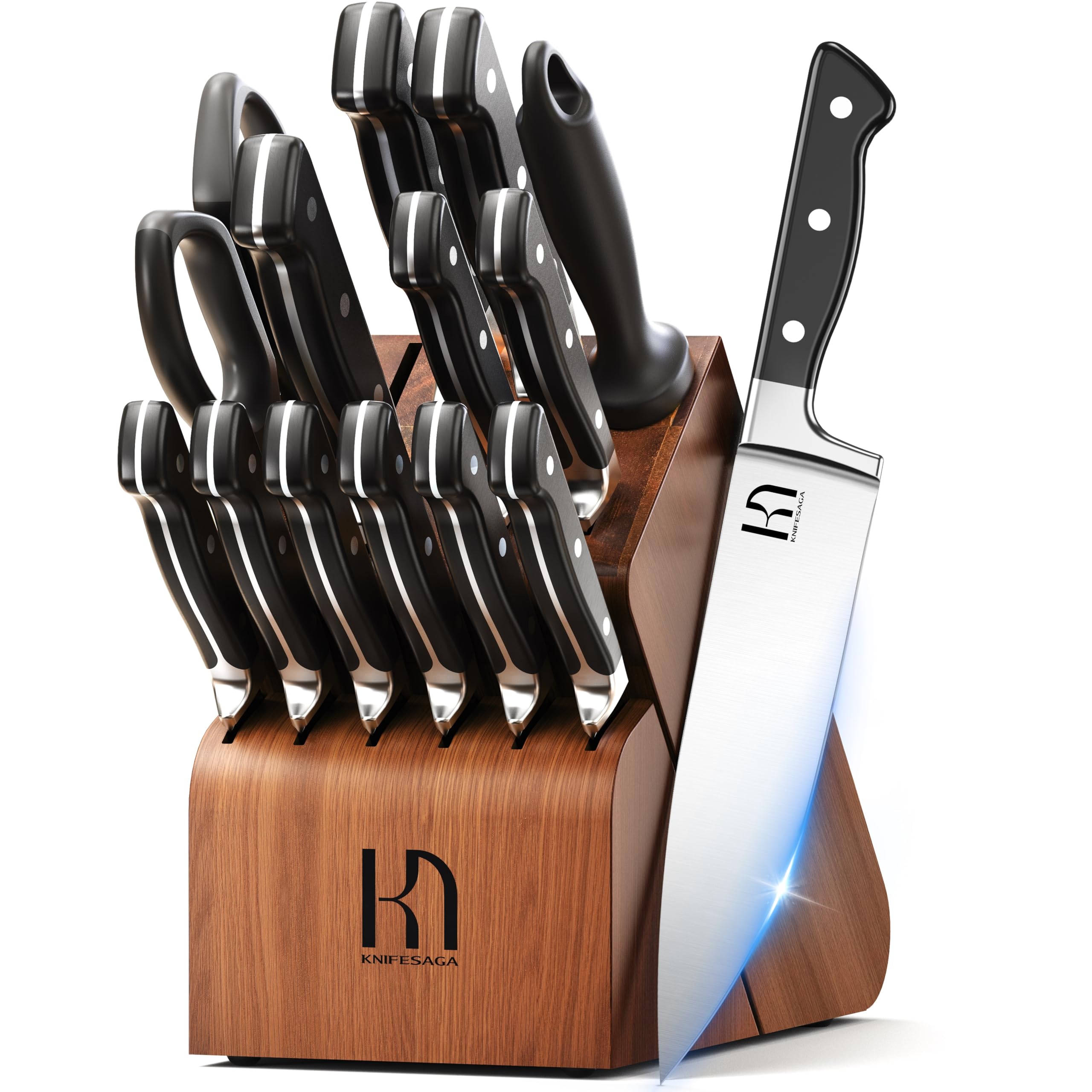 KnifeSaga 15-piece block set on counter for organized storage and easy access.