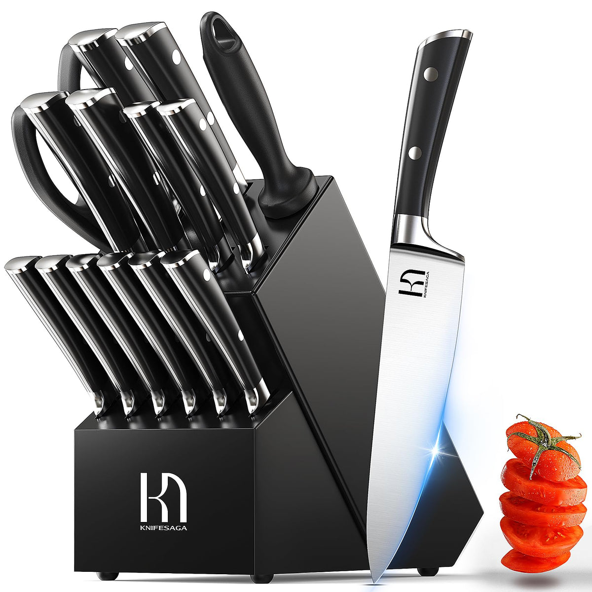 KnifeSaga 2026 block set on countertop for organized prep and easy access