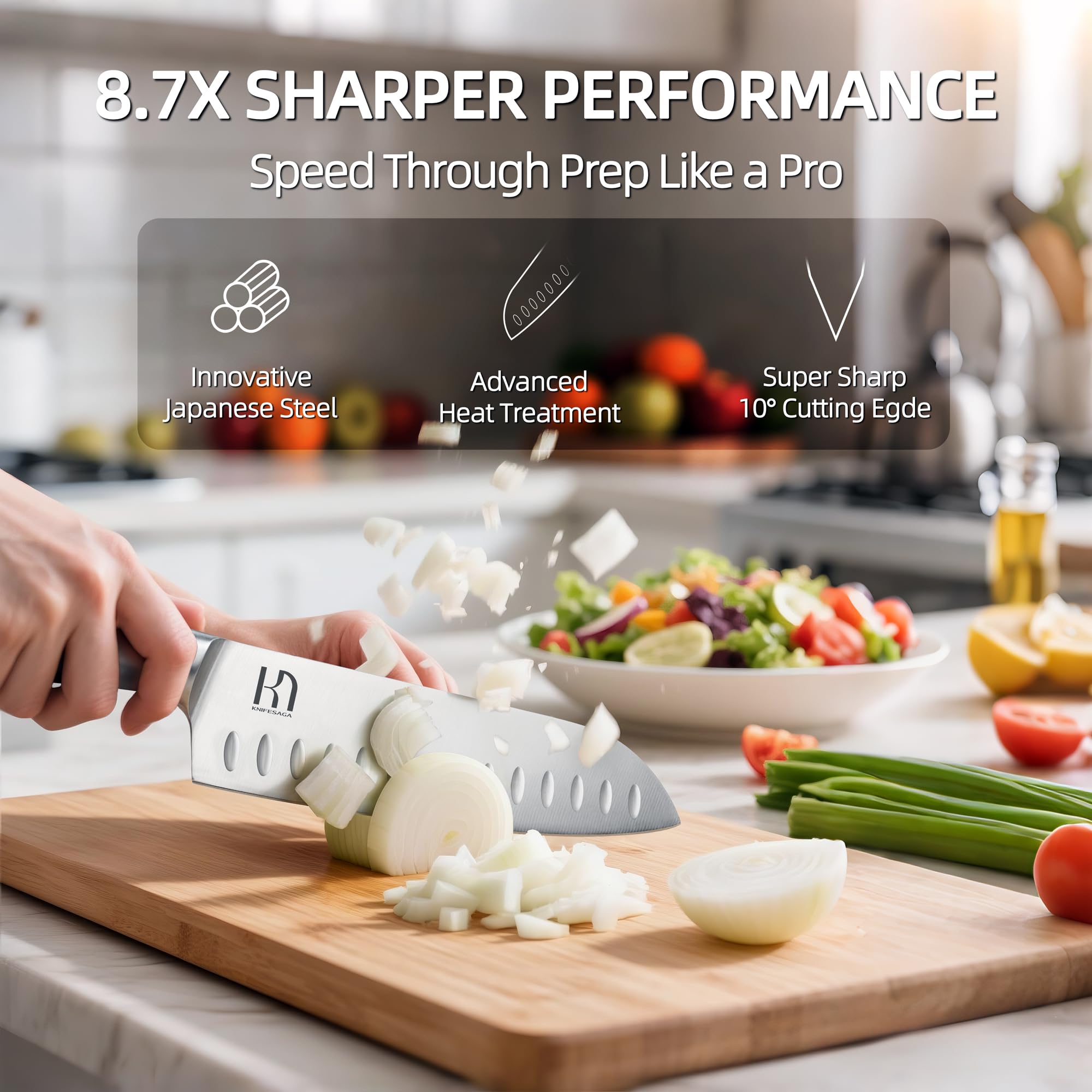 KnifeSaga 8-inch chef knife close-up highlighting the sharp edge for precise slicing.