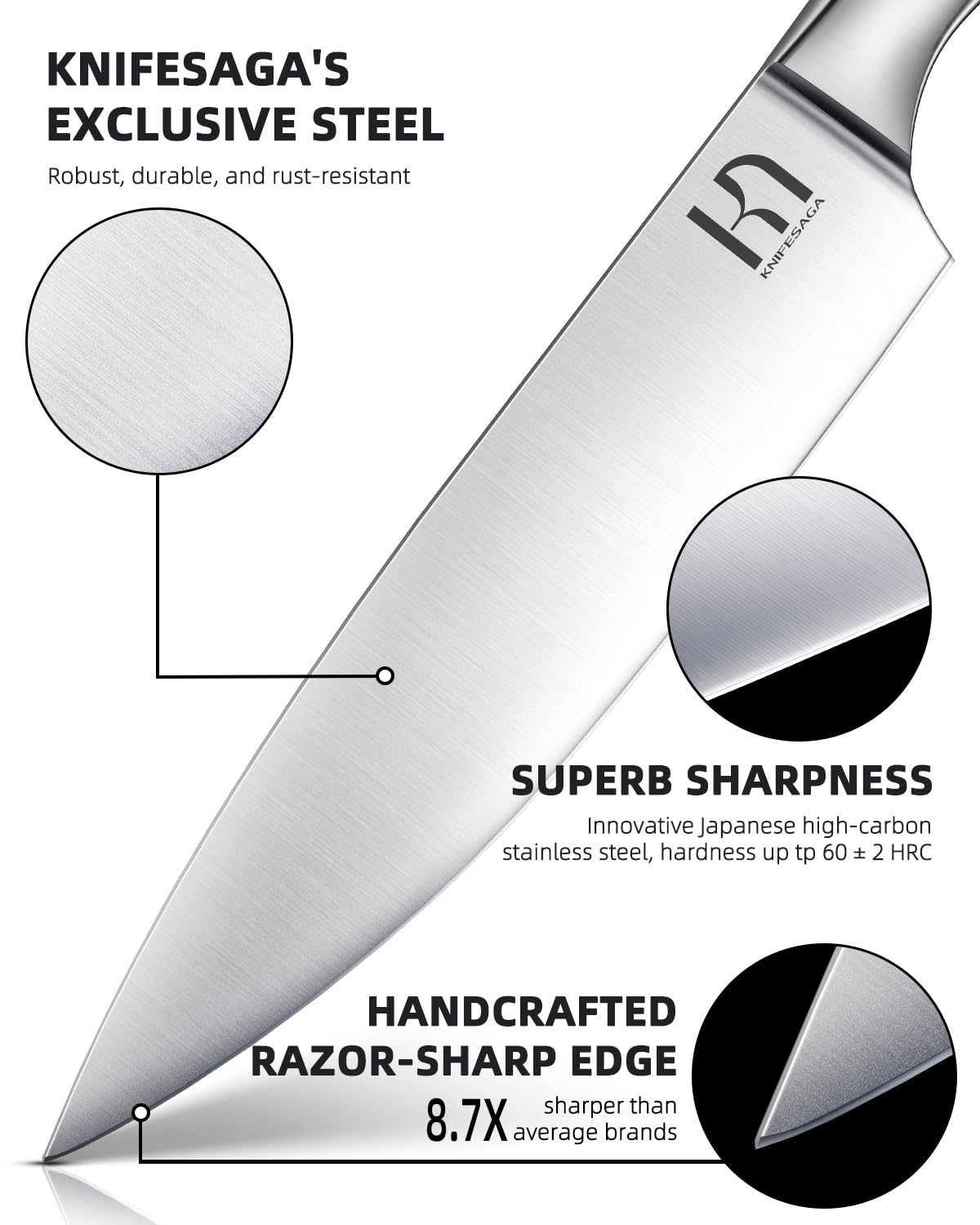 KnifeSaga 8-inch bread knife blade delivers clean, even cuts.