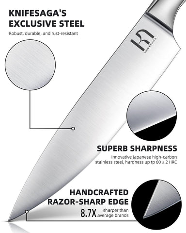 KnifeSaga 8-inch bread knife blade delivers clean, even cuts.