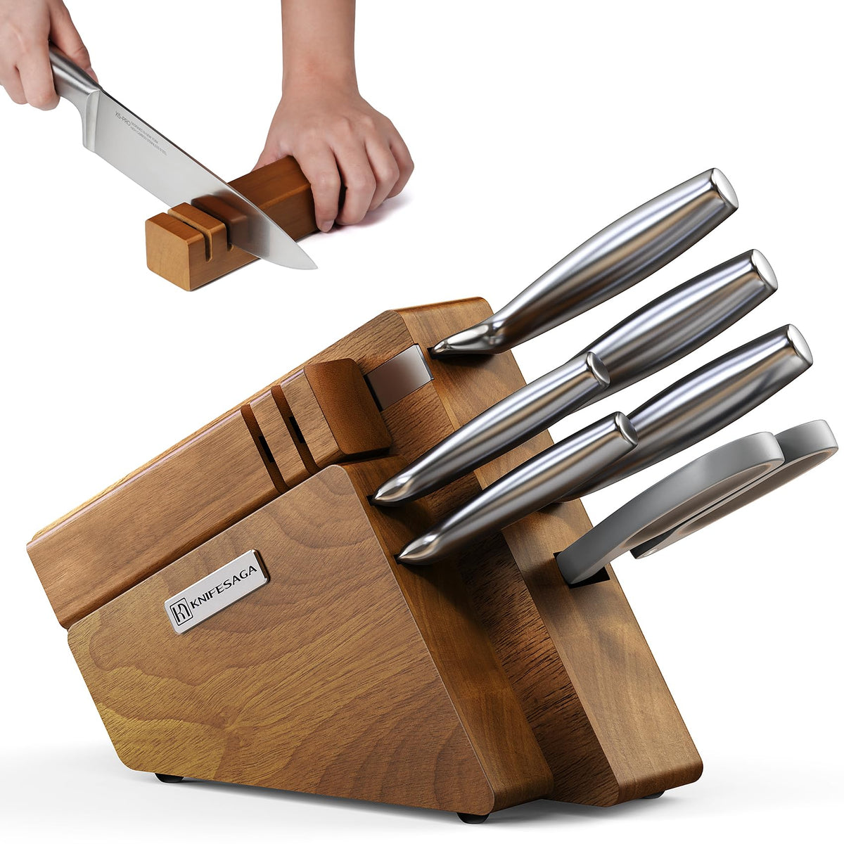 KnifeSaga block set stored neatly under low cabinets for easy access