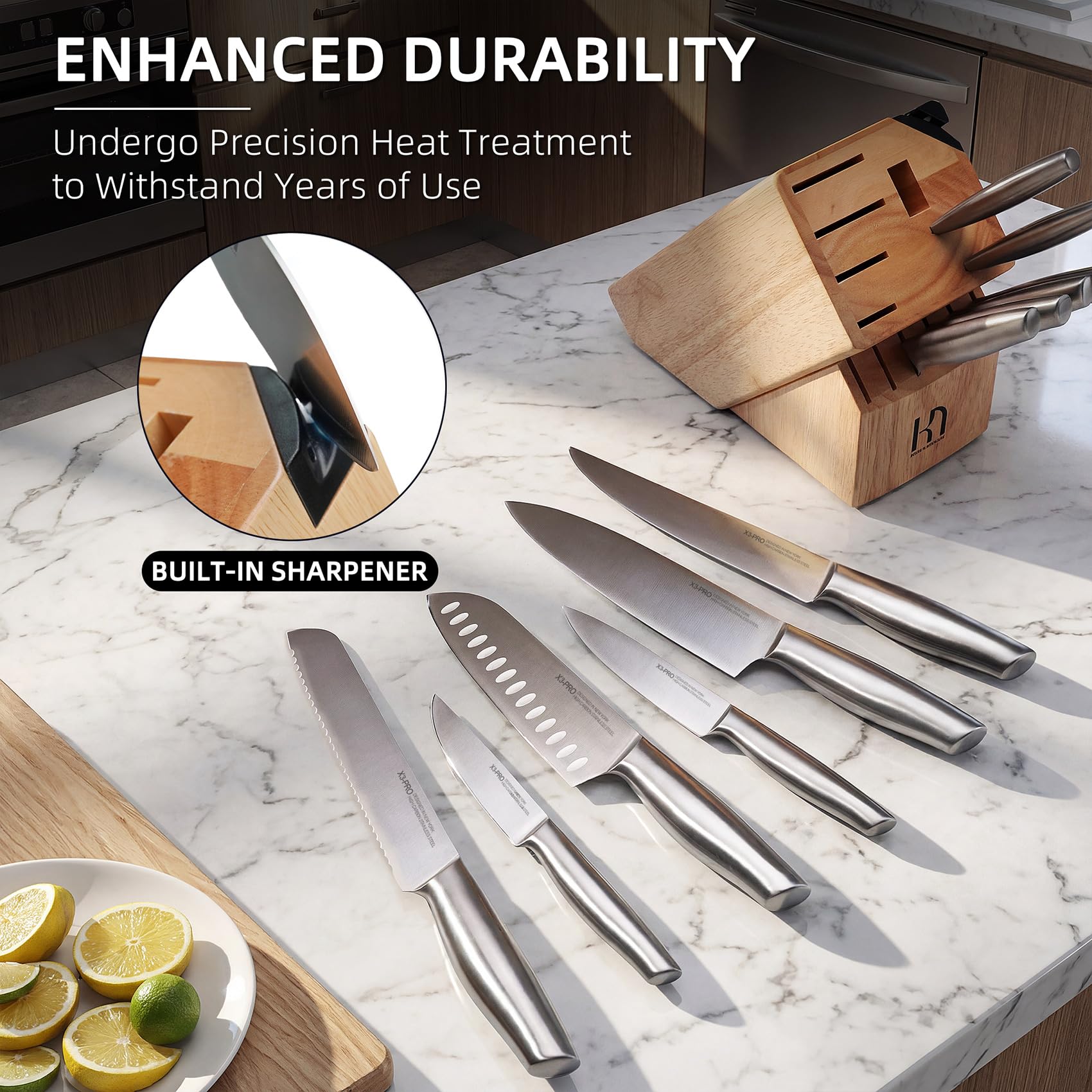 KnifeSaga block with non-slip bottom stabilizes knives on counter