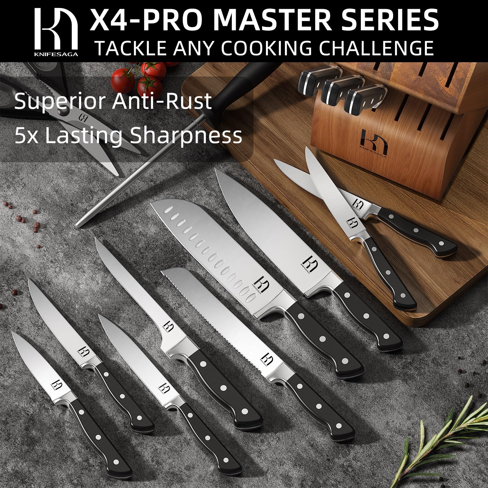 KnifeSaga santoku knife chopping vegetables with balanced control.