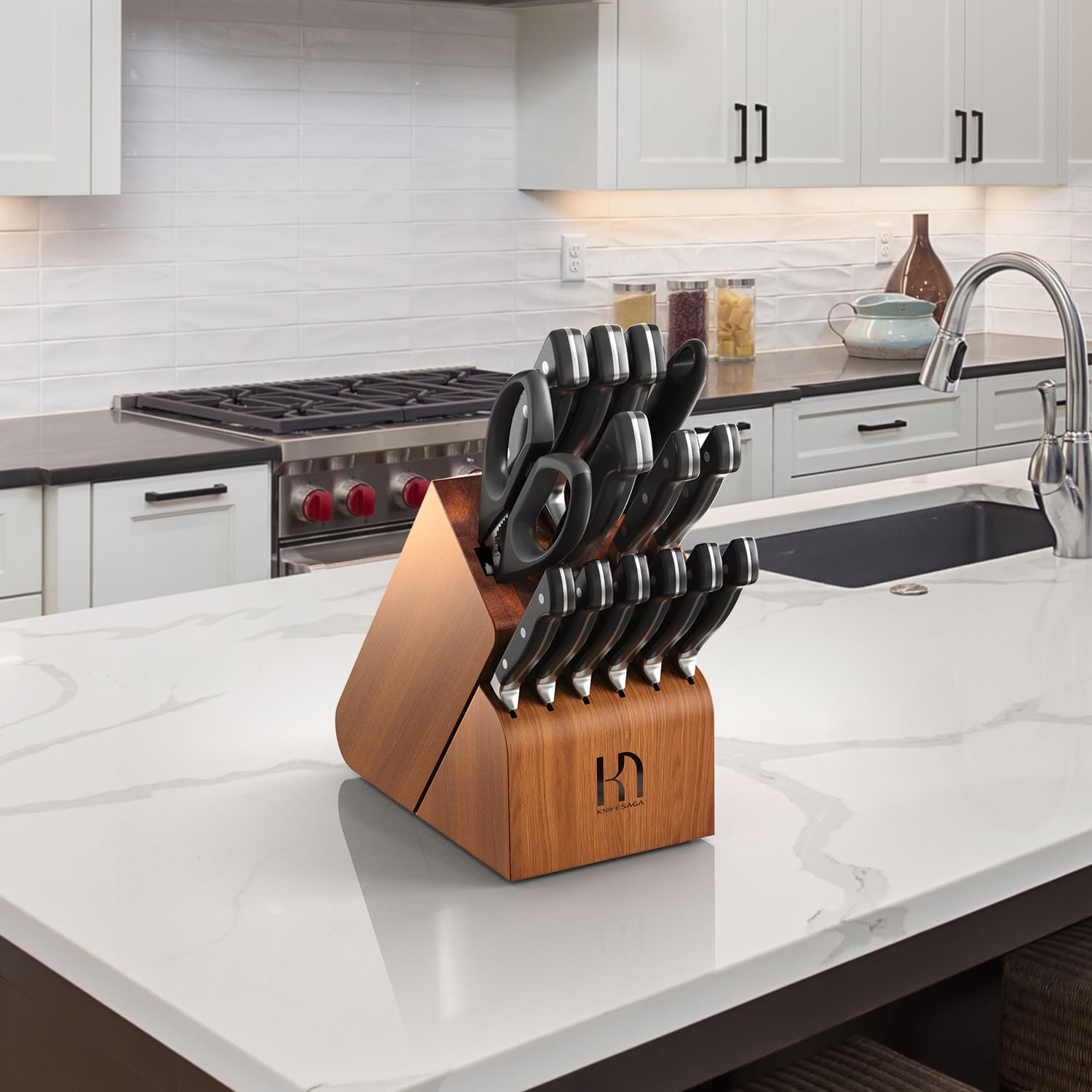 KnifeSaga sharpening steel and block keeps blades sharp over time.